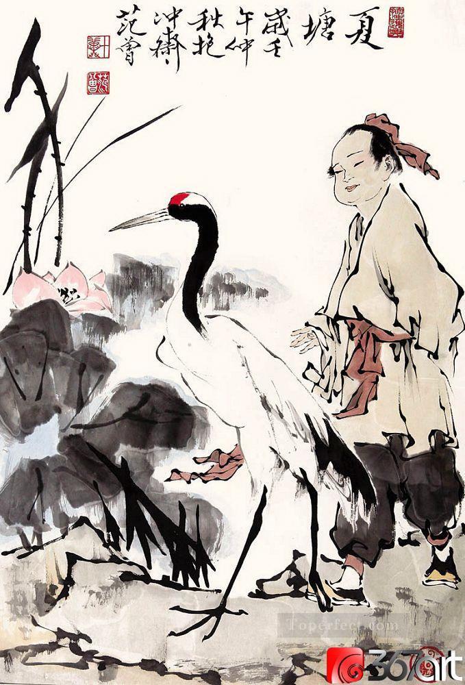 方曾少年と鶴の古い中国人油絵